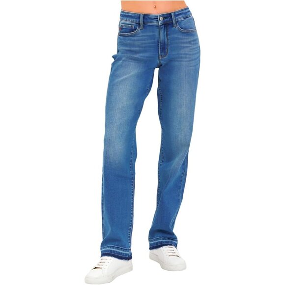 Womens Plus Size Denim Jeans Mid Rise Dark Wash Release Hem High Stretch - Picture 2 of 6